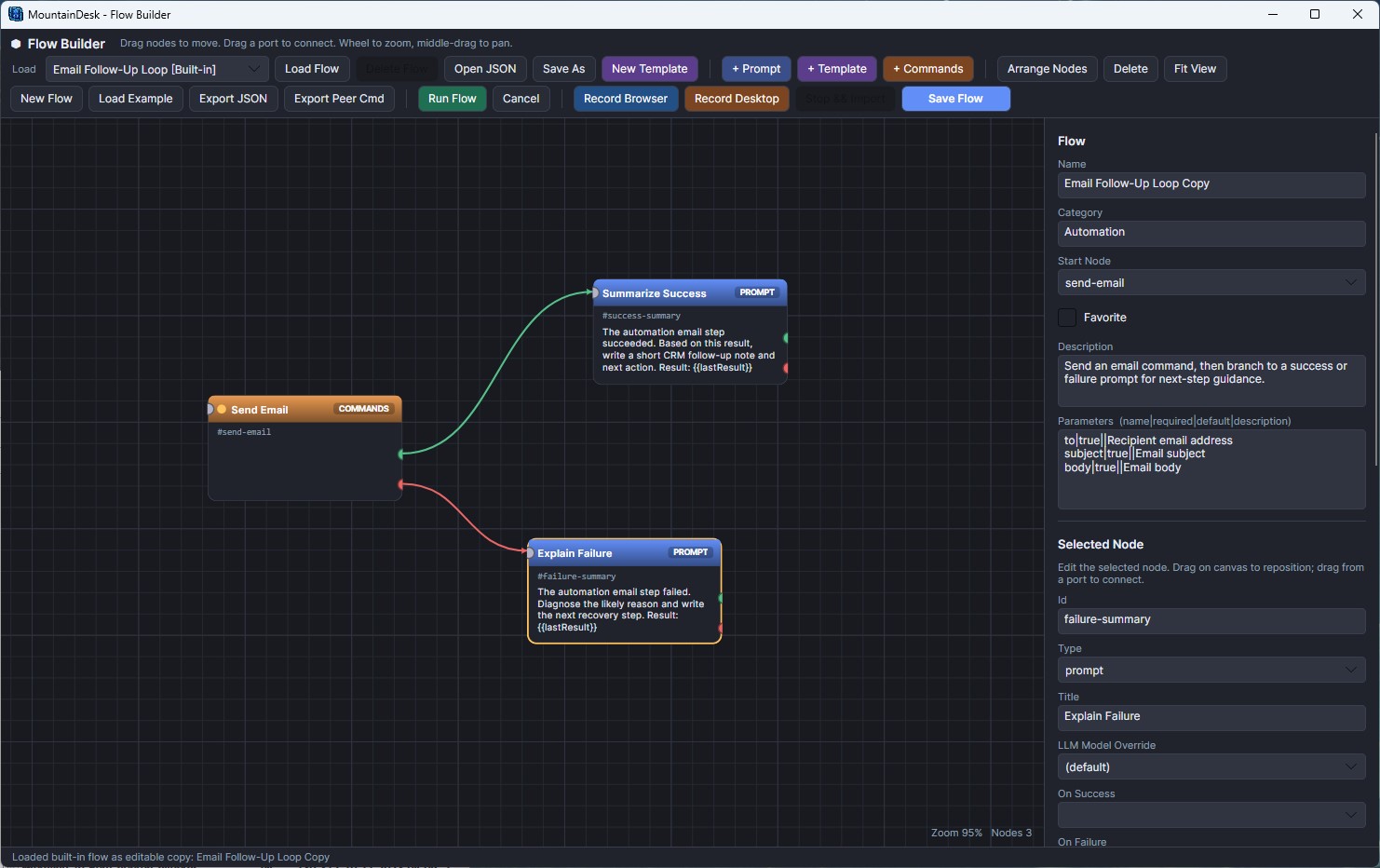 Flow Builder &mdash; visual automation canvas with prompt, template, and command nodes