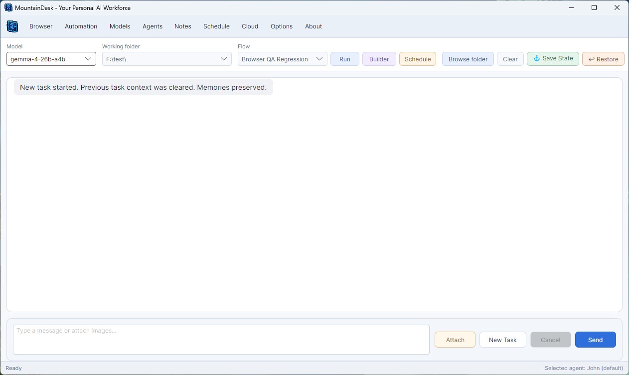 MountainDesk Ultimate &mdash; main workspace with model picker, working folder, flow runner, and agent chat
