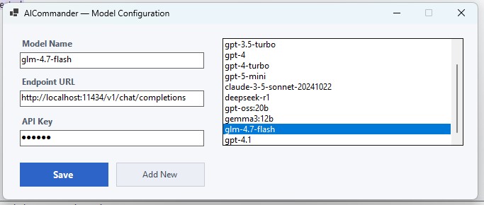 Model Configuration â€” add and switch between AI models