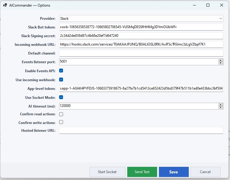 Options panel â€” integrations, timeouts, and confirmation settings