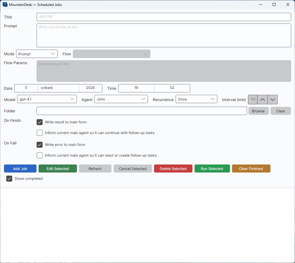 Scheduled Jobs &mdash; recurring AI tasks with flow mode, agent selection, and follow-up controls