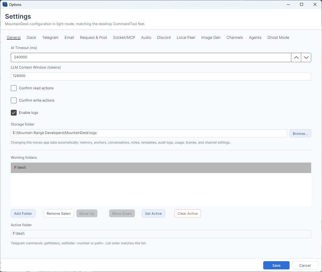 MountainDesk options window &mdash; general settings, integrations, logs, and working folder management