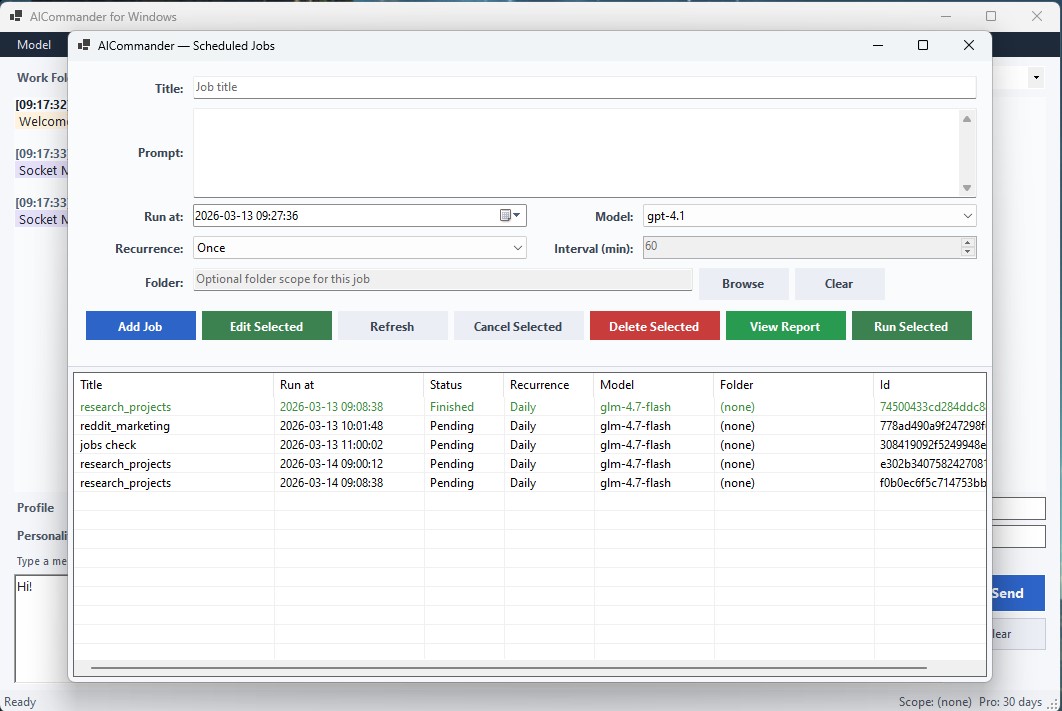 Scheduled Jobs â€” recurring AI tasks with model and recurrence control